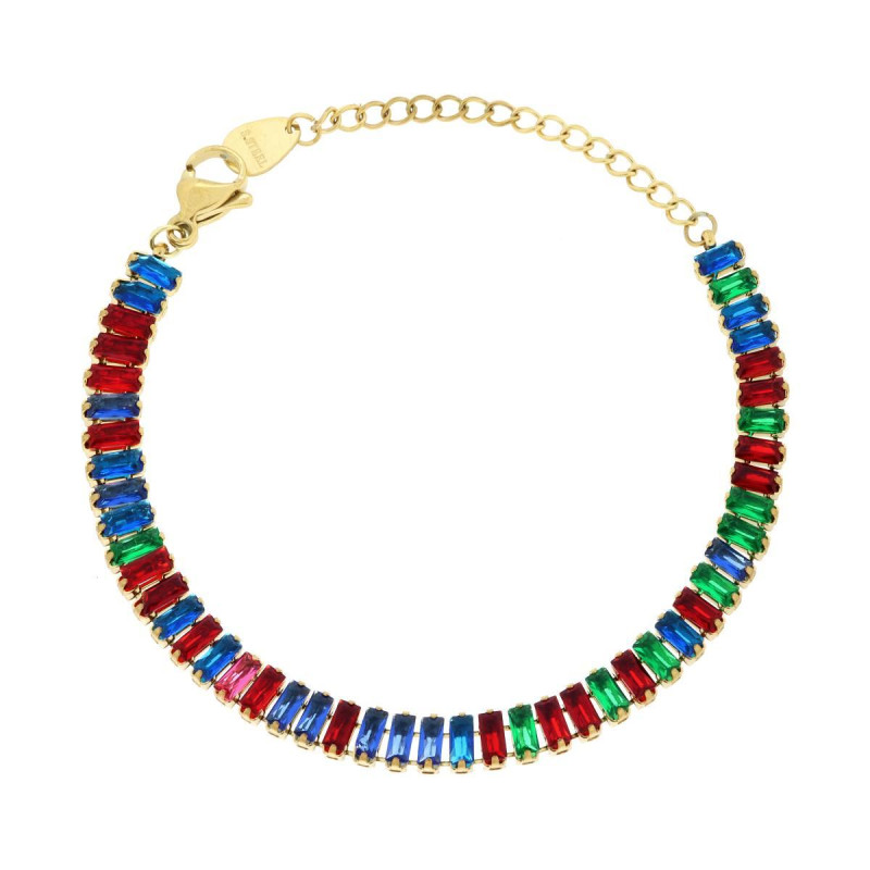 BRACCIALE TENNIS CON CRYSTAL MULTICOLOR BAGUETTE IN ACCIAIO COLORE ORO