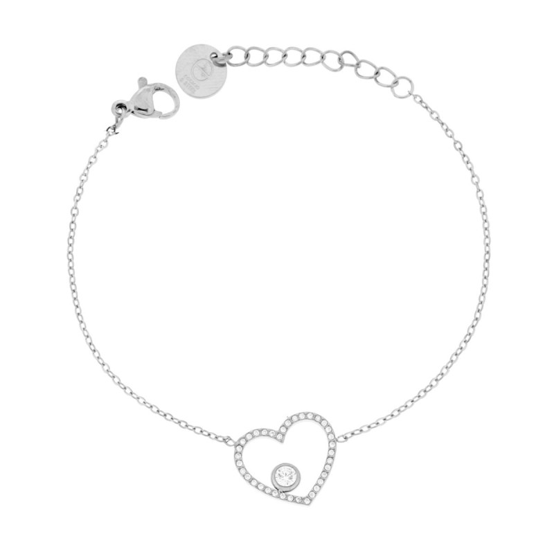 BRACCIALE CATENA FORZATINA DIAMANTATA CON CUORE E CRYSTAL BIANCHI IN ACCIAIO