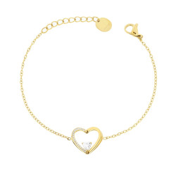 BRACCIALE CATENA FORZATINA DIAMANTATA CON DOPPIO CUORE E CRYSTAL BIANCHI IN ACCIAIO COLORE ORO