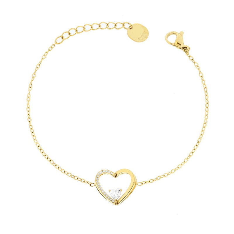 BRACCIALE CATENA FORZATINA DIAMANTATA CON DOPPIO CUORE E CRYSTAL BIANCHI IN ACCIAIO COLORE ORO