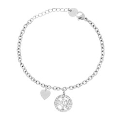 BRACCIALE CATENA FORZATINA CON ALBERO DELLA VITA CUORE E CRYSTAL BIANCHI IN ACCIAIO