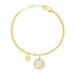BRACCIALE CATENA FORZATINA CON ALBERO DELLA VITA CUORE E CRYSTAL BIANCHI IN ACCIAIO COLORE ORO