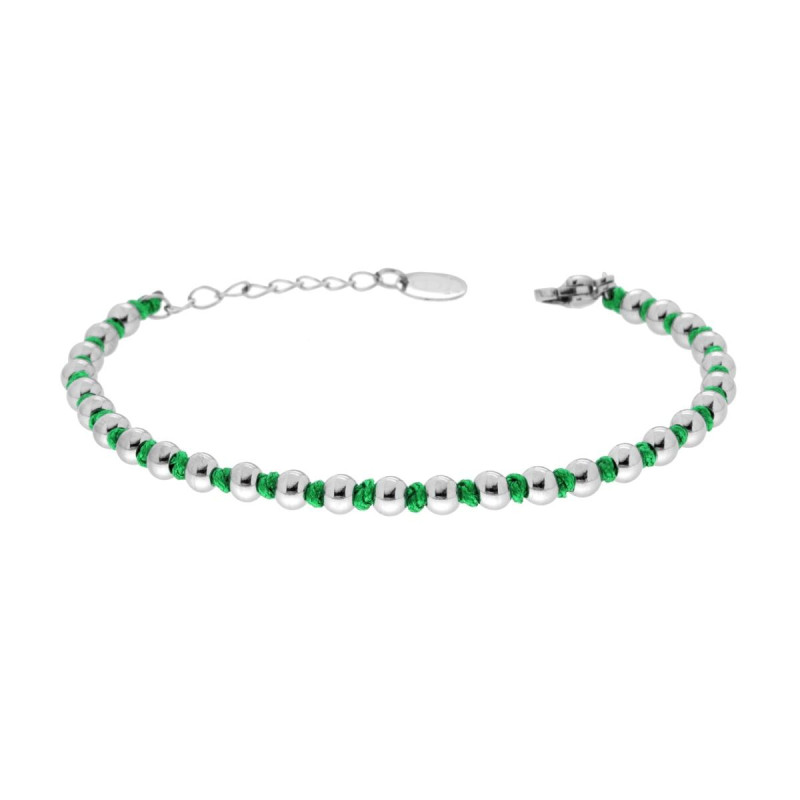 BRACCIALE CATENA CON PALLINE ALTERNATE A NODI IN COTONE VERDE IN ACCIAIO