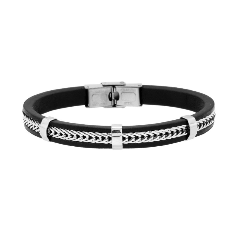 BRACCIALE UOMO IN ECOPELLE NERO CON INSERTO CATENA IN ACCIAIO