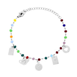 BRACCIALE CATENA CON CRYSTAL MULTICOLOR E CHARMS TEMPO LIBERO PLAIN PENDENTI IN ACCIAIO