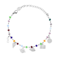 BRACCIALE CATENA CON CRYSTAL MULTICOLOR E CHARMS VIAGGIO PLAIN PENDENTI IN ACCIAIO