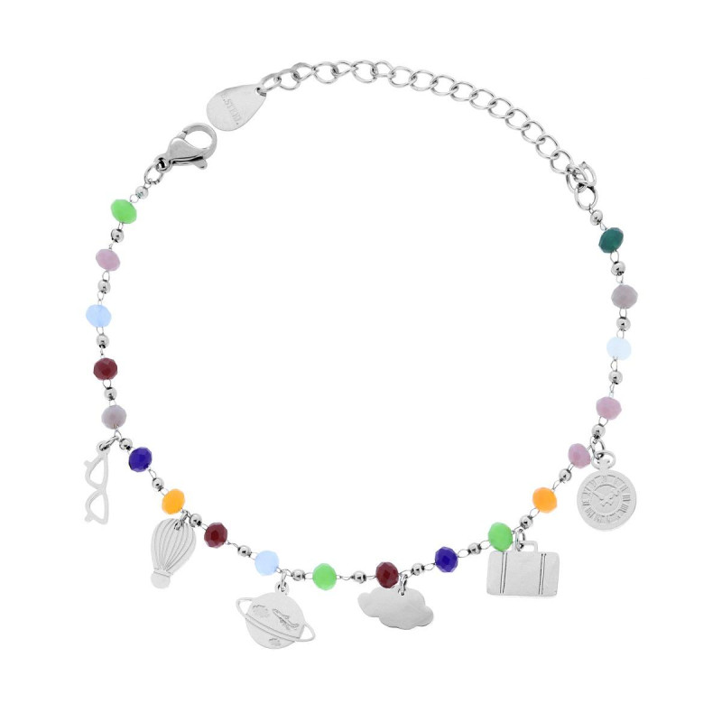 BRACCIALE CATENA CON CRYSTAL MULTICOLOR E CHARMS VIAGGIO PLAIN PENDENTI IN ACCIAIO