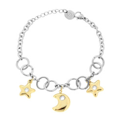 BRACCIALE CATENA FORZATINA LUNA E STELLE PENDENTI COLORE ORO E CRYSTAL BIANCHI IN ACCIAIO
