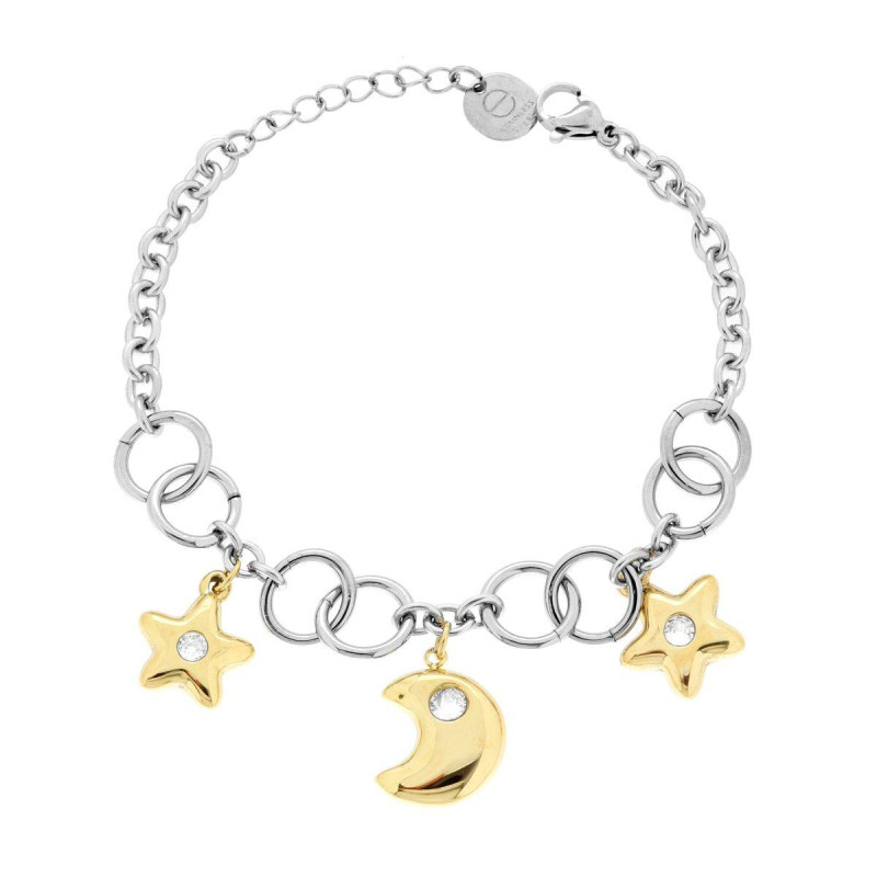 BRACCIALE CATENA FORZATINA LUNA E STELLE PENDENTI COLORE ORO E CRYSTAL BIANCHI IN ACCIAIO