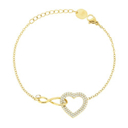 BRACCIALE CATENA FORZATINA DIAMANTATA CON CUORE E INFINITO INCROCIATI E CRYSTAL BIANCHI IN ACCIAIO COLORE ORO