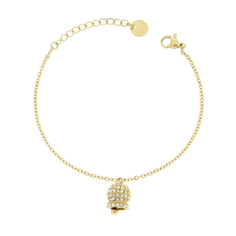 BRACCIALE CATENA FORZATINA DIAMANTATA CON CAMPANELLA E CRYSTAL BIANCHI IN ACCIAIO COLORE ORO