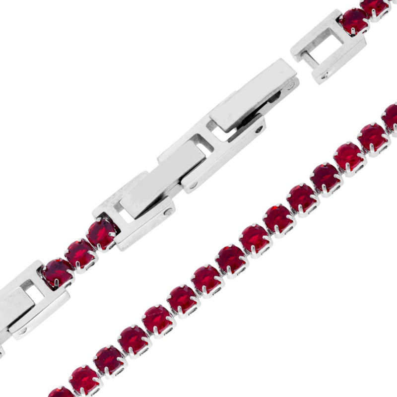 BRACCIALE TENNIS GRIFFE CM 16,5+4 CON CRYSTAL MM 3 ROSSO RUBINO REGOLABILE IN ACCIAIO