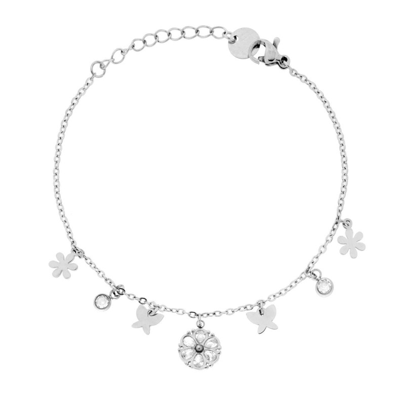 BRACCIALE CATENA FORZATINA DIAMANTATA CON FIORE E FARFALLE PENDENTI E CRYSTAL BIANCHI IN ACCIAIO