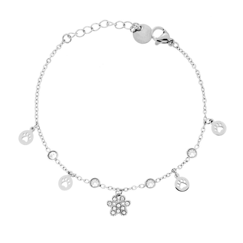 BRACCIALE CATENA FORZATINA DIAMANTATA CON IMPRONTA ZAMPA CANE PENDENTI E CRYSTAL BIANCHI IN ACCIAIO