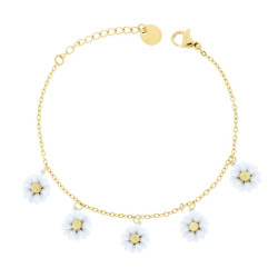 BRACCIALE CATENA FORZATINA DIAMANTATA CON FIORI SMALTO BIANCO IN ACCIAIO COLORE ORO