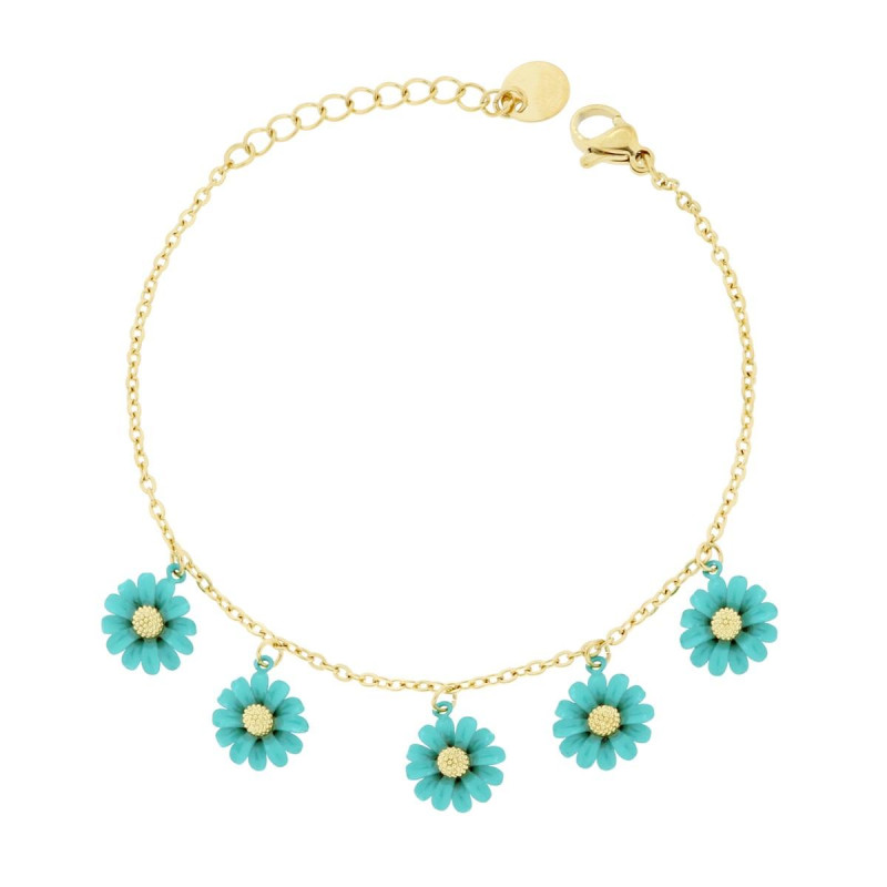 BRACCIALE CATENA FORZATINA DIAMANTATA CON FIORI SMALTO TURCHESE IN ACCIAIO COLORE ORO