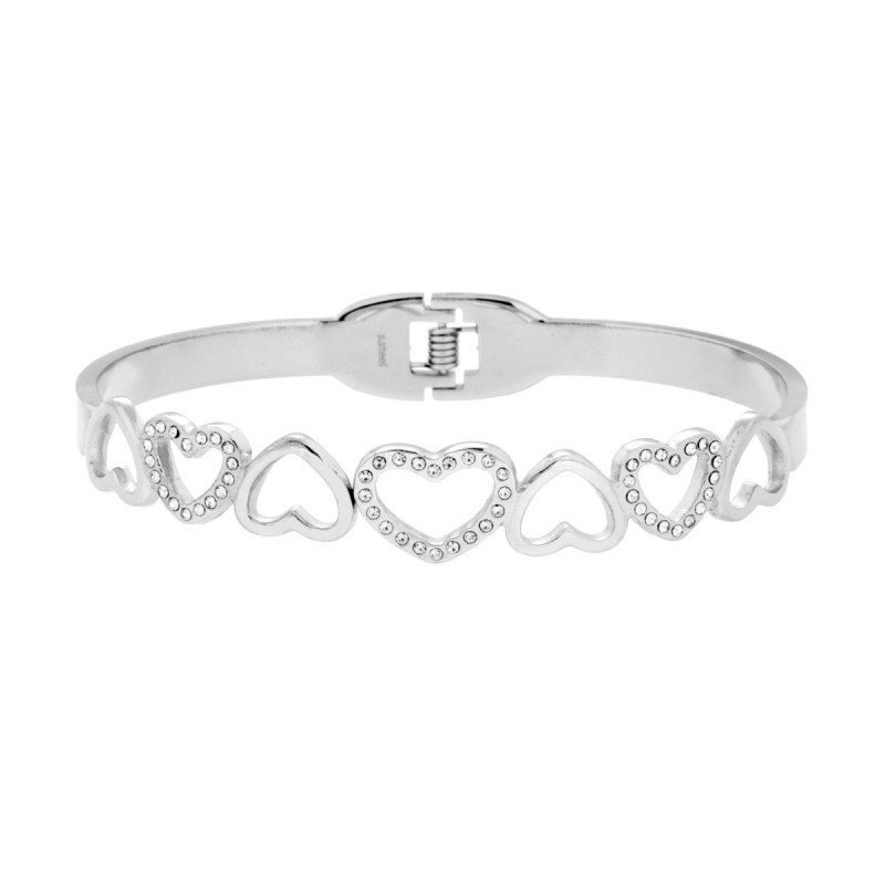 BRACCIALE RIGIDO MODELLO SCHIAVA CON CUORI E CRYSTAL BIANCHI IN ACCIAIO