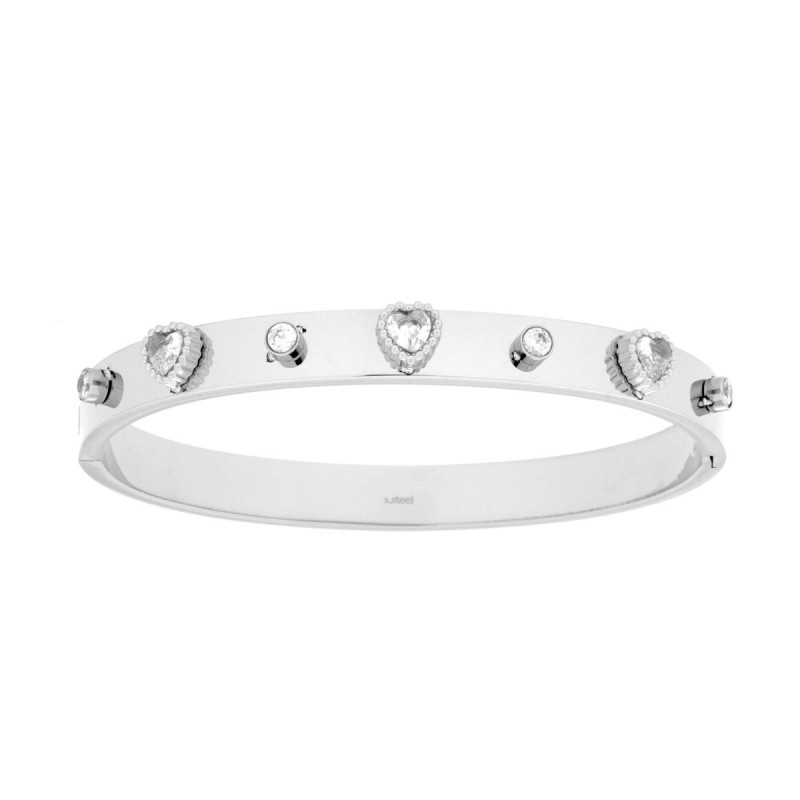 BRACCIALE RIGIDO MODELLO SCHIAVA CON CUORI E CRYSTAL BIANCHI IN ACCIAIO