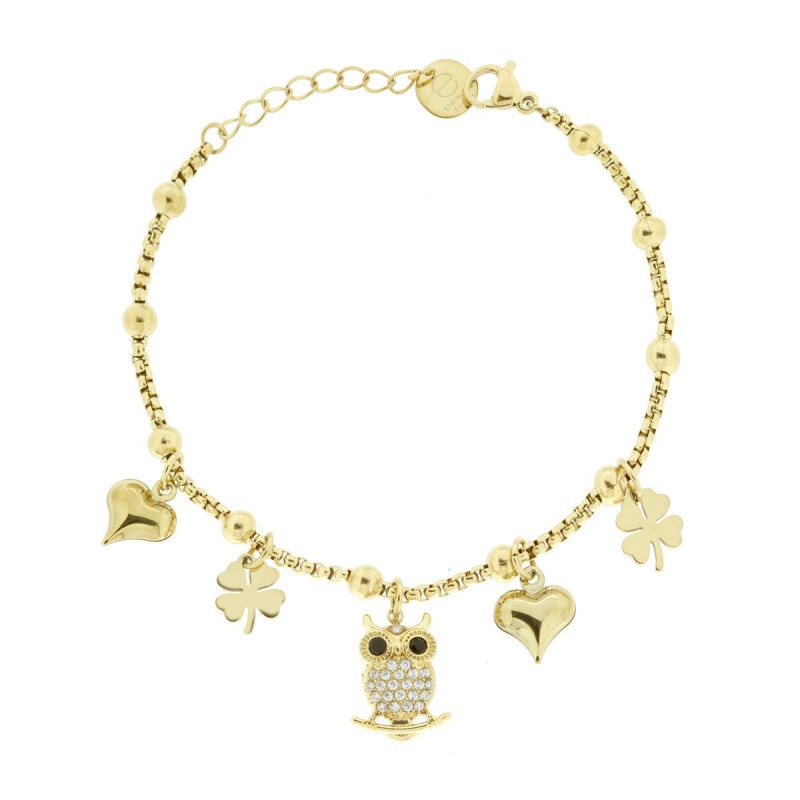 BRACCIALE CATENA VENEZIANA CON CHARMS PORTAFORTUNA PENDENTI CON CRYSTAL BIANCHI IN ACCIAIO COLORE ORO
