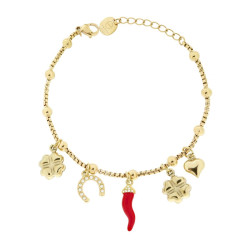 BRACCIALE CATENA VENEZIANA CHARMS PORTAFORTUNA PENDENTI CON CRYSTAL BIANCHI E SMALTO ROSSO IN ACCIAIO COLORE ORO