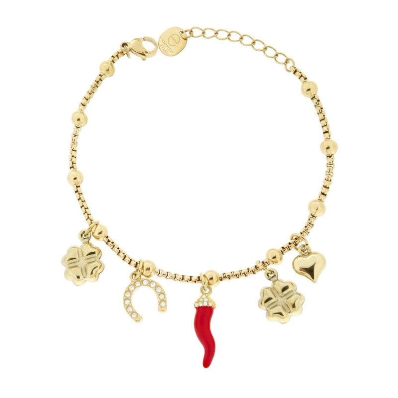 BRACCIALE CATENA VENEZIANA CHARMS PORTAFORTUNA PENDENTI CON CRYSTAL BIANCHI E SMALTO ROSSO IN ACCIAIO COLORE ORO