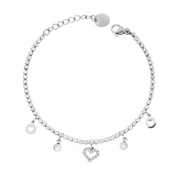 BRACCIALE TENNIS CON CUORI PENDENTI E CRYSTAL BIANCHI IN ACCIAIO