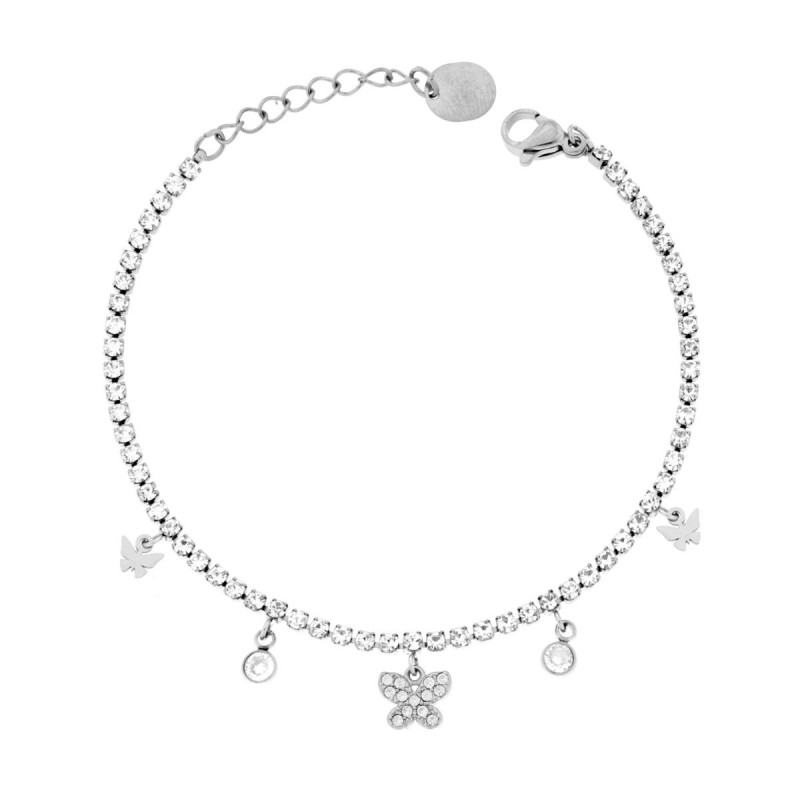 BRACCIALE TENNIS CON FARFALLE PENDENTI E CRYSTAL BIANCHI IN ACCIAIO