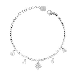 BRACCIALE TENNIS CON QUADRIFOGLI PENDENTI E CRYSTAL BIANCHI IN ACCIAIO