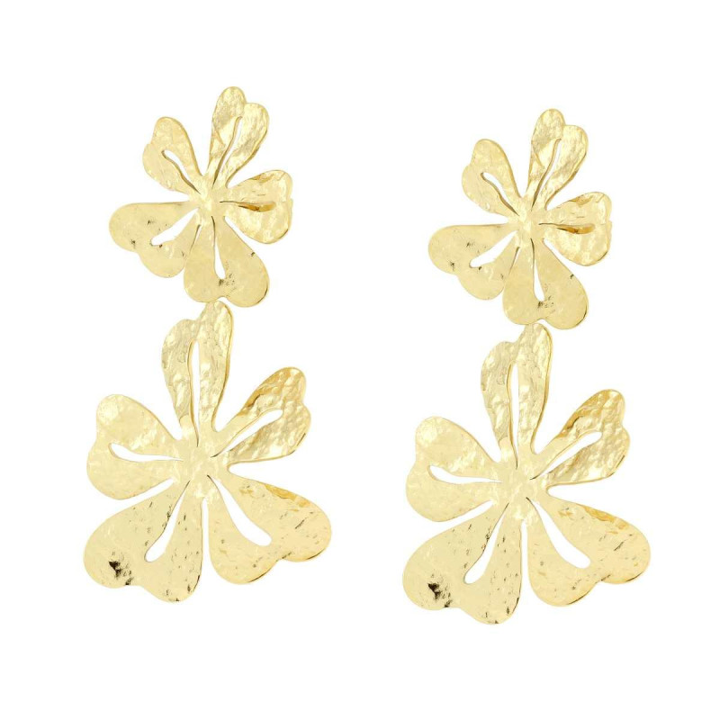 ORECCHINI CON FIORI DEGRADÈ PENDENTI CON LAVORAZIONE MARTELLATA IN ACCIAIO COLORE ORO