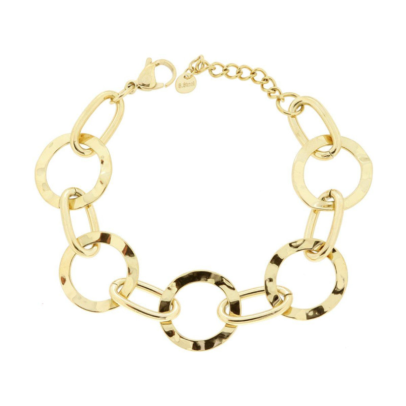 BRACCIALE CATENA CON PIASTRE TONDE IRREGOLARI MARTELLATE IN ACCIAIO COLORE ORO