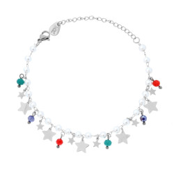 BRACCIALE CATENA CON PERLE CRYSTAL MULTICOLOR E STELLE PENDENTI IN ACCIAIO