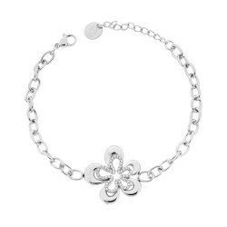 BRACCIALE CATENA FORZATINA CON FIORE CENTRALE E CRYSTAL BIANCHI IN ACCIAIO