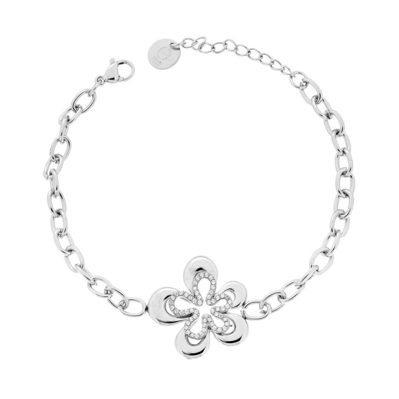 BRACCIALE CATENA FORZATINA CON FIORE CENTRALE E CRYSTAL BIANCHI IN ACCIAIO