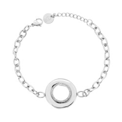 BRACCIALE CATENA FORZATINA CON TONDO CENTRALE E CRYSTAL BIANCHI IN ACCIAIO