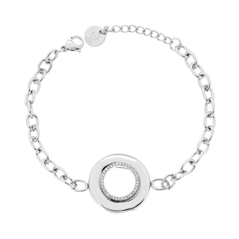 BRACCIALE CATENA FORZATINA CON TONDO CENTRALE E CRYSTAL BIANCHI IN ACCIAIO