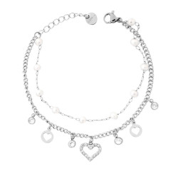 BRACCIALE DUE FILI CATENA FORZATINA E GRUMETTA CON CUORI PENDENTI CRYSTAL BIANCHI E PERLE IN ACCIAIO