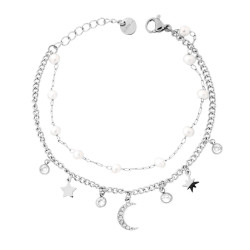 BRACCIALE DUE FILI CATENA FORZATINA E GRUMETTA CON LUNA E STELLE PENDENTI CRYSTAL BIANCHI E PERLE IN ACCIAIO