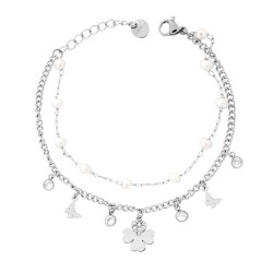 BRACCIALE DUE FILI CATENA FORZATINA E GRUMETTA CON QUADRIFOGLIO E FARFALLE PENDENTI CRYSTAL BIANCHI E PERLE IN ACCIAIO