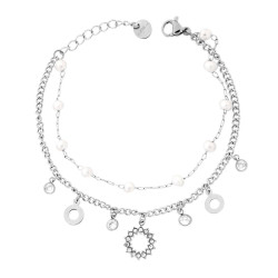 BRACCIALE DUE FILI CATENA FORZATINA E GRUMETTA CON TONDI PENDENTI CRYSTAL BIANCHI E PERLE IN ACCIAIO