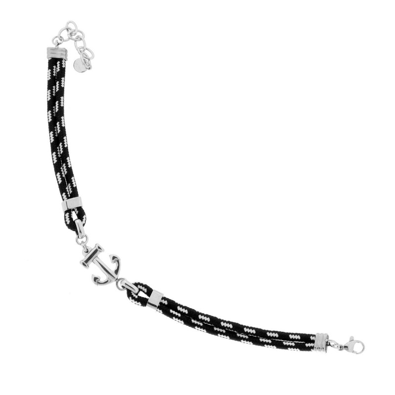 BRACCIALE UOMO IN CORDONCINO NYLON NERO CON ANCORA E ACCESSORI IN ACCIAIO