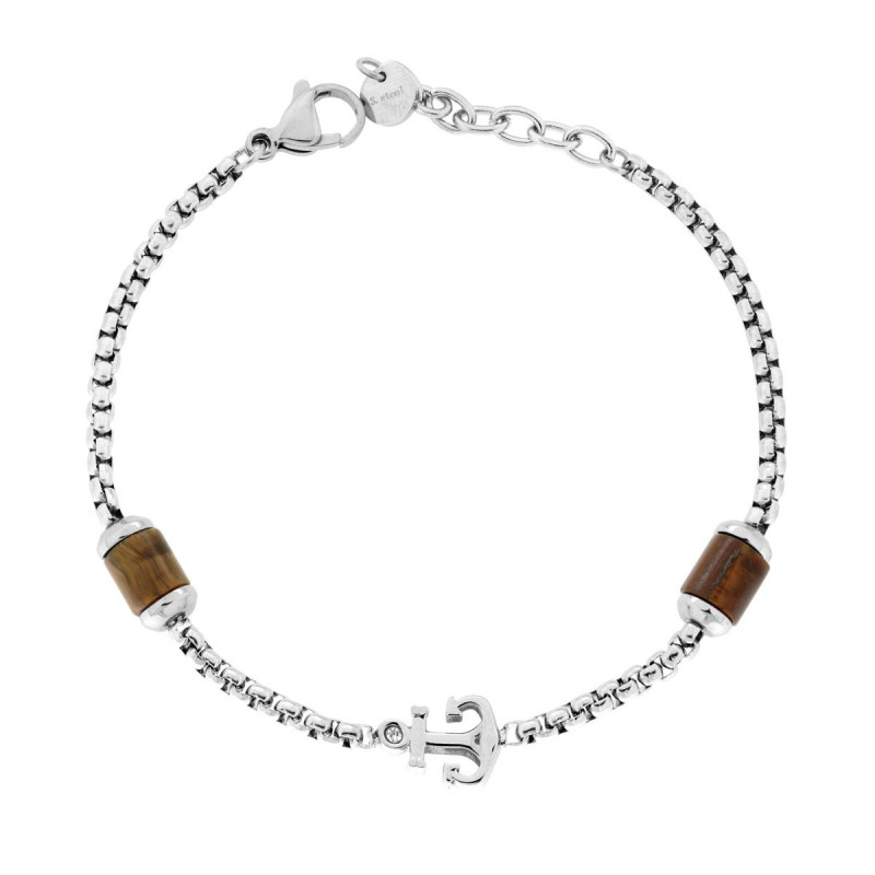 BRACCIALE CATENA VENEZIANA CON ANCORA CENTRALE E PIETRE COLORE OCCHIO DI TIGRE IN ACCIAIO