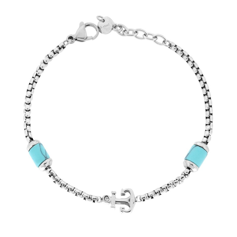 BRACCIALE CATENA VENEZIANA CON ANCORA CENTRALE E PIETRE COLORE TURCHESE IN ACCIAIO