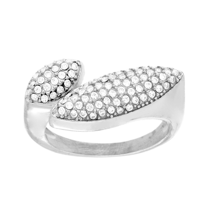 ANELLO FASCIA CONTRARIE FOGLIE CON CRYSTAL BIANCHI IN ACCIAIO