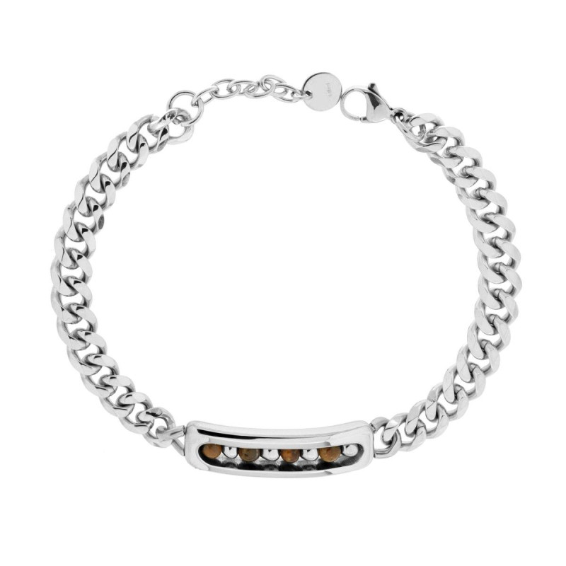 BRACCIALE CATENA GRUMETTA CON TARGA E PIETRE TONDE COLORE OCCHIO DI TIGRE IN ACCIAIO