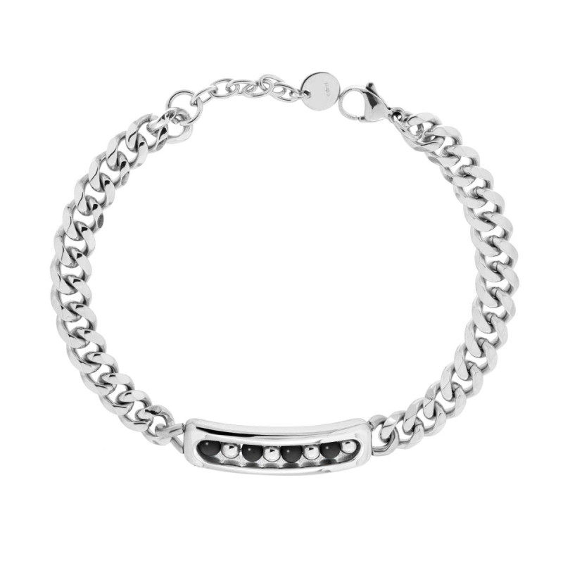 BRACCIALE CATENA GRUMETTA CON TARGA E PIETRE TONDE COLORE ONICE IN ACCIAIO