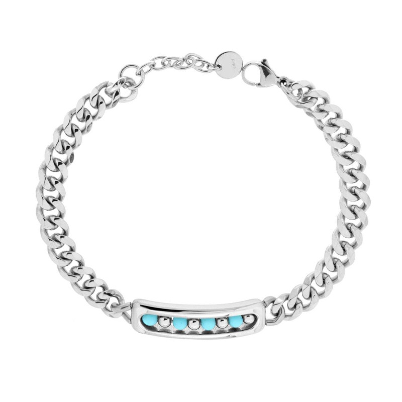 BRACCIALE CATENA GRUMETTA CON TARGA E PIETRE TONDE COLORE TURCHESE IN ACCIAIO