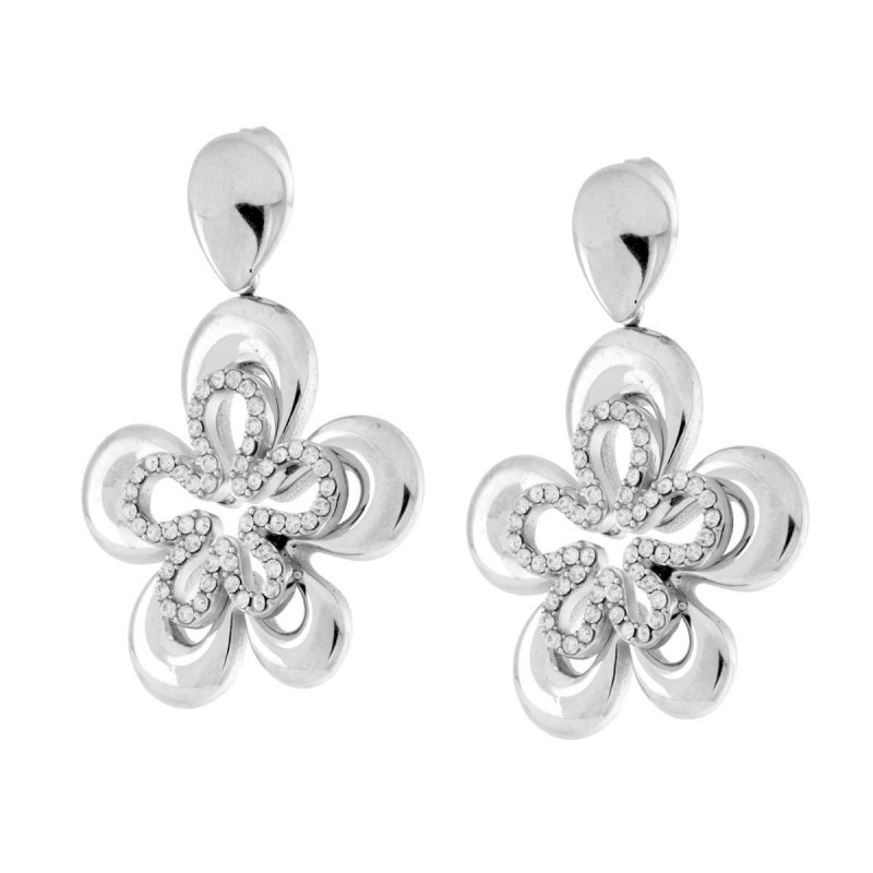 ORECCHINI CON FIORI PENDENTI E CRYSTAL BIANCHI IN ACCIAIO