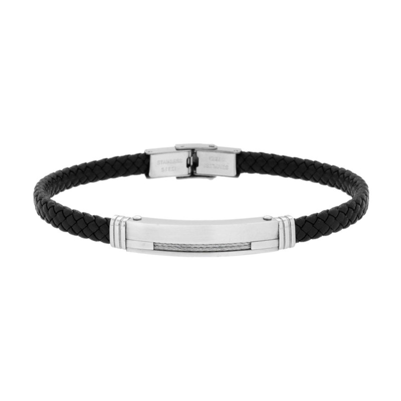 BRACCIALE UOMO IN ECOPELLE INTRECCIATA NERO CON TARGA E FUNE IN ACCIAIO