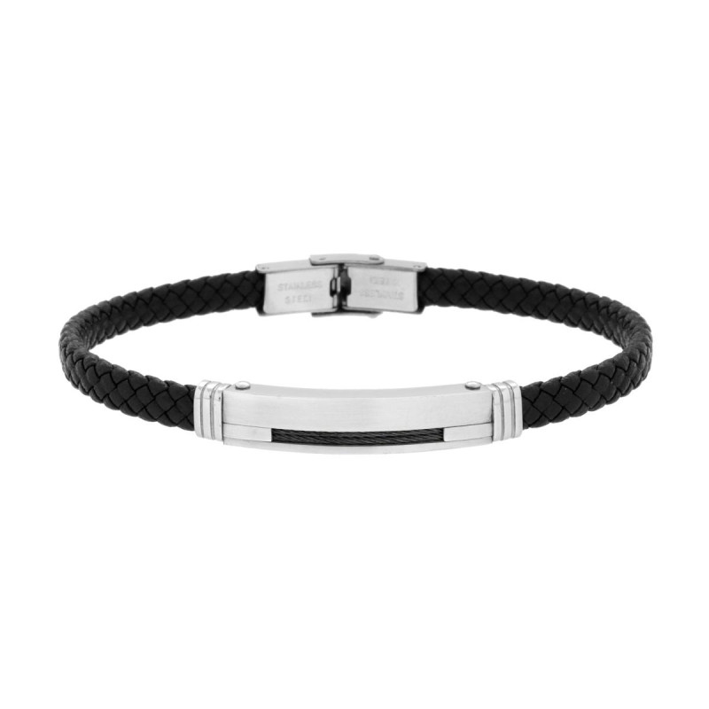 BRACCIALE UOMO IN ECOPELLE INTRECCIATA NERO CON TARGA E FUNE COLORE NERO IN ACCIAIO