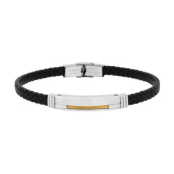 BRACCIALE UOMO IN ECOPELLE INTRECCIATA NERO CON TARGA E FUNE COLORE ORO IN ACCIAIO